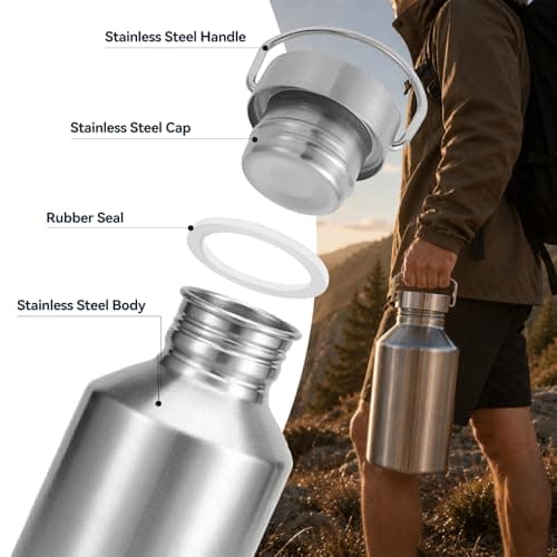 Volhoply 2000ml Big Stainless Steel Water Bottle with Handle,Non Insulated Single Wall Water Jug, No Plastic 18/8 304 Metal Water Bottles with Wide Mouth for Camping, Hikers — view 4