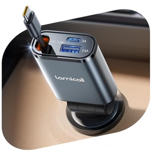 Lamicall 3 in 1 Retractable Car Charger Adapter -【2026 Ultra Compact】57W Cigarette Lighter USB Charger, Car Phone Charge with Retractable Type-C Cable/USB C/USB A, 12V/24V Socket for i-Phone, Android