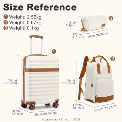 Kono 20 Inch Cabin Luggage Set with Backpack Toiletry Bag (Cream/Brown) — view 2