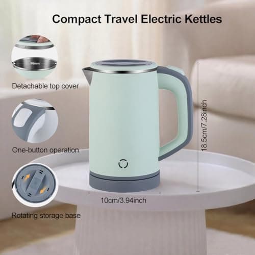 Zoravson 800ml Travel Kettle Small,600W Low Wattage Fast Boil Small Kettle for Caravan, Compact Mini Kettle Electric, Stainless Steel Kettles for Bedroom Office Hotel Dorm, UK Plug-Green — view 4