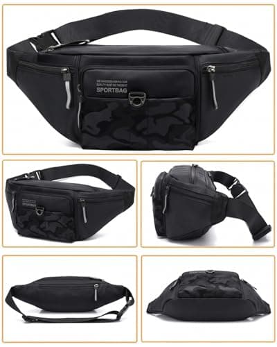 Large Bumbag Waist Fanny Pack Running Belt for Men Ladies Women, Bum Bag with 6-Zipper Pockets Adjustable Belt (Black) — view 4
