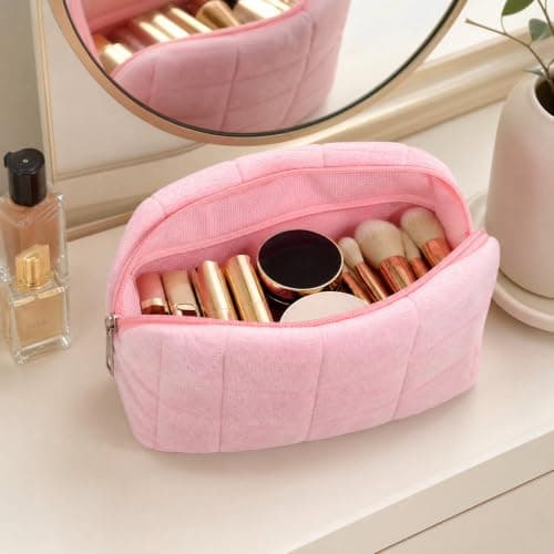 Merzio 2PCS Makeup Bag for Women, Travel Cosmetic Bag with Wide-Open Design Portable Toiletry Bag Skincare Organizer Pouch, Cute Multifunctional Washbag for School Outing Travel Accessories (Pink) — view 4