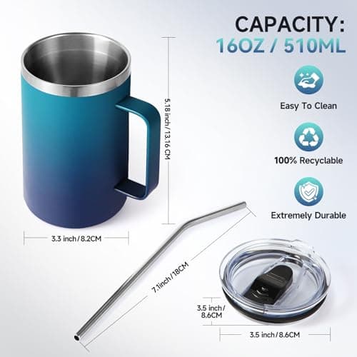 Volhoply 470ml (16oz) Insulated Coffee Mug with Lid and Straw, Stainless Steel Travel Mugs with Handle, Double Wall Vacuum Leak Proof Coffee Tumbler Cup (Dark Night,1) — view 3