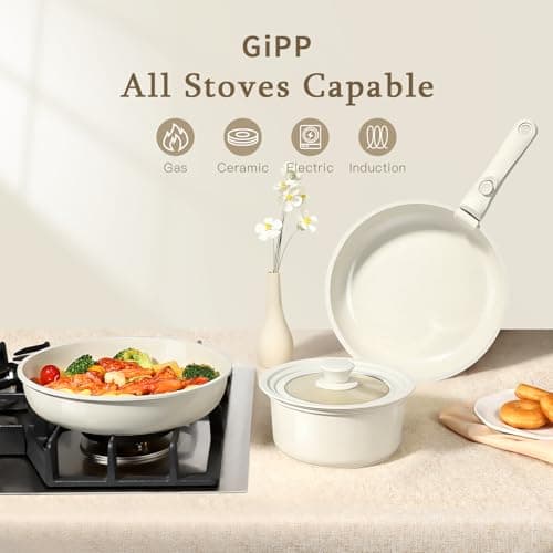 GiPP 21PCS Pots and Pans Set Non Stick,Granite Nonstick Kitchen Cookware Set with Detachable Handle, PFAS & PFOA Free, RV Cookware Set for Camping, Oven Safe(White,21PCS-Small Size) — view 5