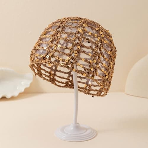 Julpsk Women's Summer Glitter Sequin Beanie Boho Hollow Out Crochet Hat for Beach Travel Party, Coffee, One Size — view 3