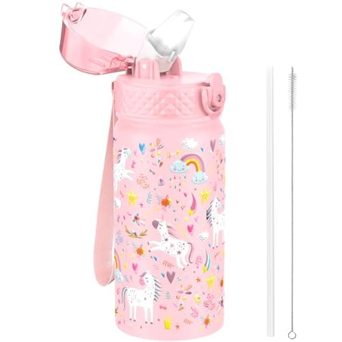 GOPPUS 420ml/14oz Kids Insulated Water Bottle with Straw Cute Double Wall Stainless Steel Child's Small Flask Vacuum Insulated Steel Metal Leak Proof Drink Flask Boys Toddler Girls Bottles BPA-Free