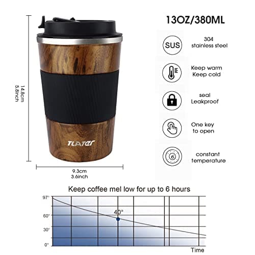 Tlater Travel Mug, 380ml Insulated Coffee Cup Travel Mug with Leakproof Lids - Double Walled Vacuum Stainless Steel Travel Coffee for Hot & Cold Drinks, Water and Tea — view 5