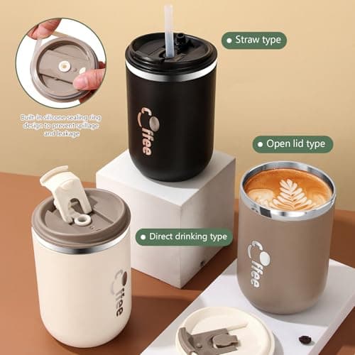 17 oz Travel Coffee Mug with Lid and Straw, Stainless Steel Vacuum Insulated Tumbler, Double Walled Travel Tumbler Insulated Coffee Cups for Ice Drinks Hot Beverage Indoor Outdoor Use (Khaki) — view 5
