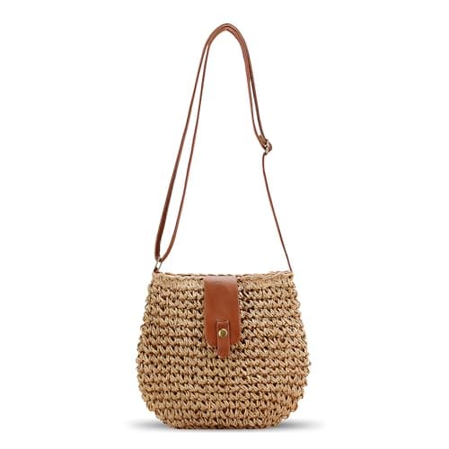Bototack Straw Beach Bag for Women, Small Summer Crossbody Bag with Zipper, Bohemian Weave Handmade Shoulder Handbags for Beach Vocation Holiday (Khaki)