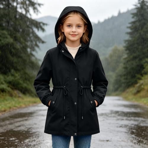 Black Girls Waterproof Jacket Windproof Hooded Raincoat Outdoor 13 Years — view 2