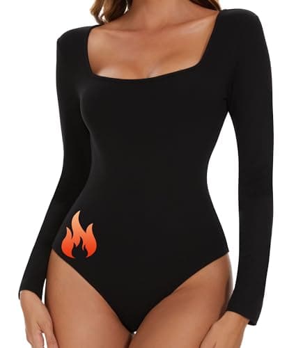 SHAPERIN Women's Bodysuits Thermal Square Neck Long Sleeve Body Suit Tanga