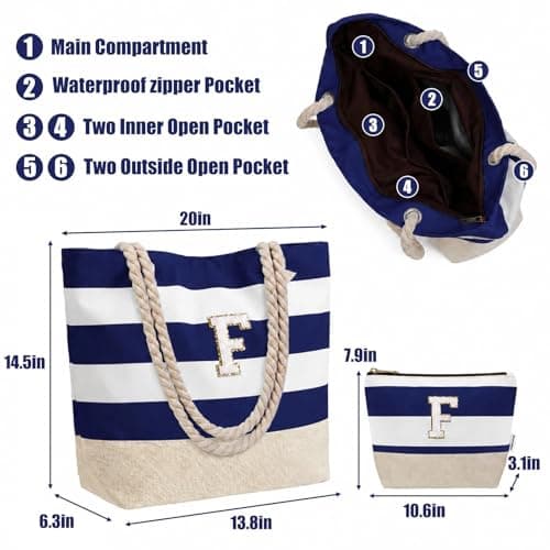 Vavabox Initial Beach Bag with Zip＆Pockets, Personalised Gifts for Women(K) — view 5