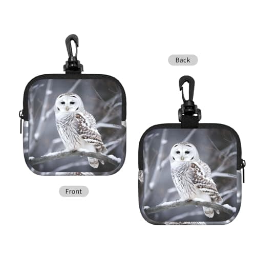 Mini Pouch with Carabiner, Neoprene Travel Makeup Bag with Zipper Tool Storage Pouch Winter White Owl Coin Purse Portable Earbud Case Waterproof Card Holder Wallet for Women Men — view 2