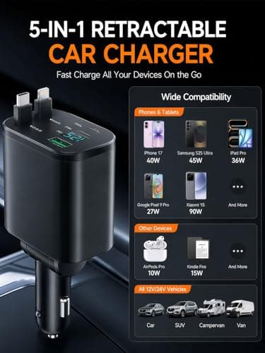 80W Retractable Car Charger - 12V Cigarette lighter Adapter with USB C and Lightning Cable,Fast Charging for iPhone 17/16/15/14/13/12/Google/Samsung,Car Accessories Practical Gifts for Men Dad Husband — view 5