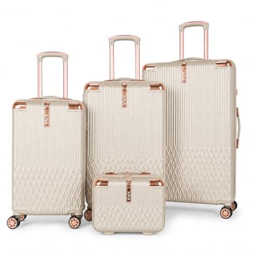 XPLR 4 Piece Hard Shell Luggage Set - Durable ABS Lightweight Suitcase - 14" 20" 24" 28" Cabin Carry On - TSA Lock - 360° Spinner Wheels - Rose Gold Trim & Vanity Case (Champagne Pearl)