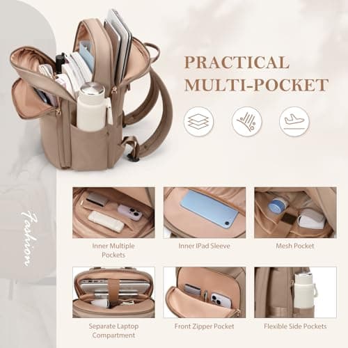 GOLF QUALITY Travel Backpack for Women Personal Carry On Bag Business Weekender Hiking Multilayer Laptop Bag,16 Inch,Champagne Brown — view 2