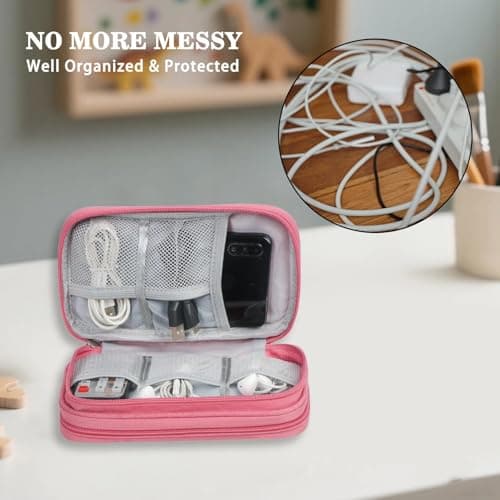 Yilnlg Cable Organiser Bag, Double Layer Electronics Accessories Organiser Bag, Travel Accessories Bag Organiser for Cables for Charging Cable Flash Drive SD Card Power Bank USB Pink — view 4