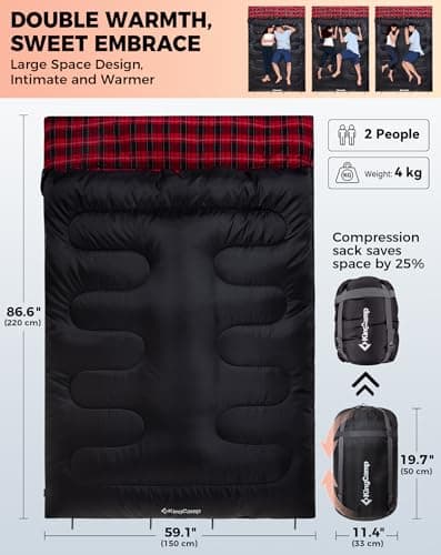 KingCamp Double Sleeping Bag with 2 Pillows Cotton Flannel 4 Season-Black — view 4