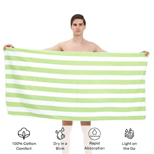 Large Quick Dry Microfibre Beach Bath Towel for Adult,Double Sides Green White Striped Sand Free Beach Towel with Bag,Lightweight Gym Yoga Sports Towel,Compact Travel Summer Beach Towel for Women Men — view 3