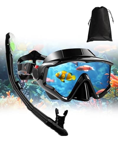 Dry Snorkel Set for Adults, Panoramic Anti-Fog Scuba Mask with Upgraded Tempered Glass, Dry-Top Leak-Proof Breathing System, Wide-View Snorkeling Gear for Adults & Teens – Black