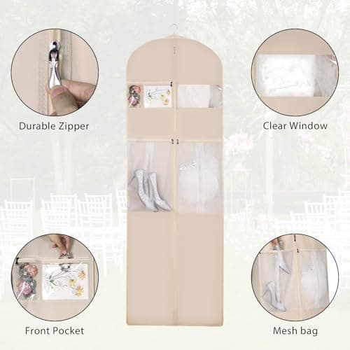 Syeeiex Wedding Dress Bag, Carry On Garment Bag Dress Cover 72 Inch Dress Carrier with Large Pockets & PVC Transparent Window, Breathable Dress Carriers for Women Travel for Wedding and Feast, Cream — view 3