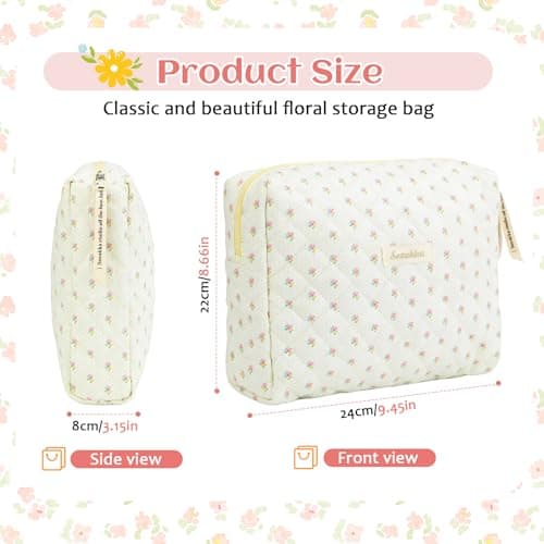 Travel Toiletry Bag, Cotton Floral Travel Makeup Bag, Portable Cosmetic Bag, Traveling Makeup Storage Bag for Women Girls (Flower-Beige) — view 2