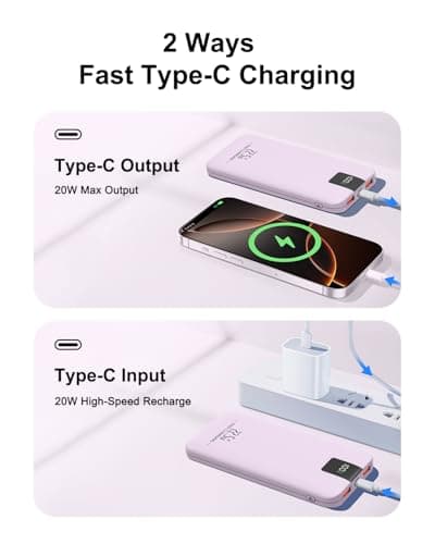 Odetrik Portable Charger 10000mAh 22.5W Power Bank, Fast Charging External Battery Pack with 3 Outputs & 2 Input, Type-C In/Out, LCD Display Portable Phone Charger for Smartphone, Tablets (Purple) — view 4