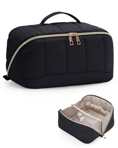 Travel Makeup Bag Large Quilted Cosmetic Organizer with Brush Compartments & Handle, Wide-Open Toiletry Bag for Women, Black