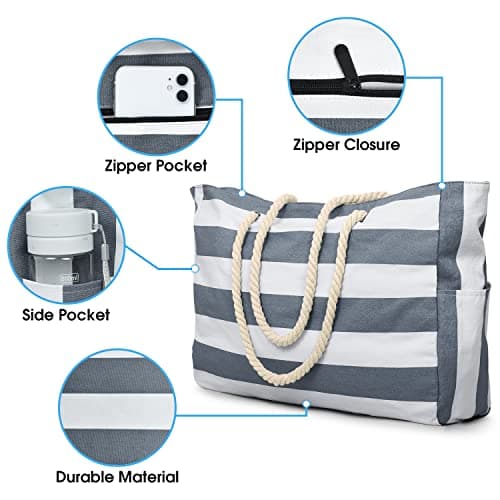 oscaurt Beach Bags for Women Waterproof Beach Tote Bag with Zip and Rope Handle Summer Holiday Essentials for Travel Shopping Shoulder Handbags for Pool Gym Picnic — view 4