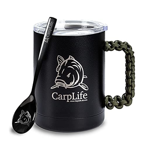 CarpLife Thermal Fishing Mug, Lid & Spoon - Stainless Steel Thermal Mug with Lid and Handle – Insulated Travel Cup, Fishing Cup with Etched Spoon – Portable Coffee Tea Brew Kit for Hot & Cold Drinks
