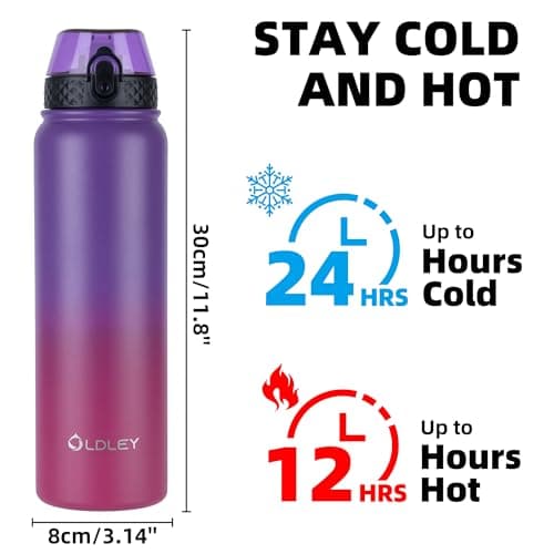 OLDLEY Stainless Steel Water Bottle with Straw 1L Vaccum Insulated Large Drink Flask Metal Water Bottles 1 Litre Leakproof Keeps Hot Cold for Sports Gym Camping Adult Women Men(Purple Rose, 1 Lid) — view 3