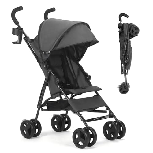 Baby Stroller, Travel Umbrella Stroller with Foldable Pushchair with Adjustable Canopy, Folding Infant Pram Stroller with Storage Basket, Cup Holder, Suspension Wheels for Infants 3-36M (Gray)
