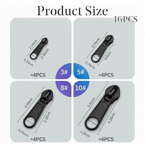 16 Pcs Black Zip Puller Replacement Set, Zipper Repair Kit, Zip Repair for Coats, Bags, Luggage, Jeans, Durable Replacement Zipper Pulls for Clothes and Travel(Sizes 3, 5, 8, 10) — view 2