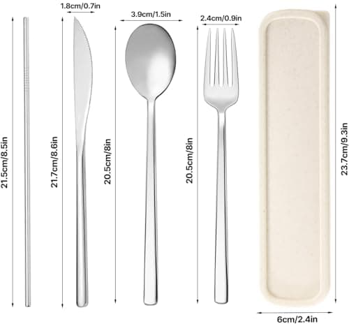 SUOXU Cutlery Set with Case,Stainless Steel Flatware Set 4-Piece Set:Knife Fork Spoon Straw,Dishwasher Safe,Long Handle Suitable for Outdoor Picnic Camping Travel Office School Lunch Beige Box Cutlery — view 4