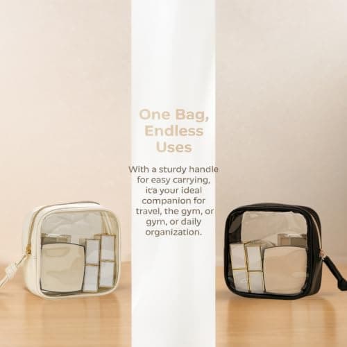 Clear Makeup Bag for Handbag, Small Makeup Bag for Women, Mini Makeup Bag, Waterproof Cosmetic Pouch, Travel Toiletry Organizer with Handle, Beige and Black — view 5