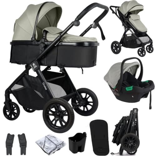 For Your Little One Cruise 3-in-1 Travel System with i-Size Car Seat, Stroller, 13kg Pram, Height Adjustable Handle, Pram, Newborn 0-4 Years Free Raincover and Cupholder (Pebble Sage)