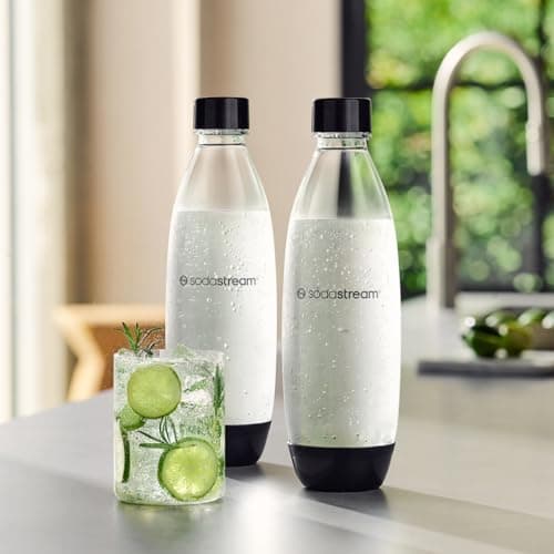SodaStream 1L Twin Pack Carbonated Water Bottle, Dishwasher Safe Slim, 2 Black 1 Litre Reusable Plastic Bottles for Sparkling Water, Soda Stream Compatible with TERRA, DUO, ART, ENSO & More — view 2