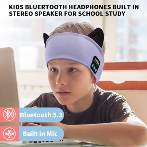 Joythink Kids Bluetooth Headband Headphones Sleep Mask Wireless Earphones Built in Thin Speaker Kids Adjustable Sports Headset for Girls Boys Children Baby Toddler Airplane Travel Study Purple — view 4