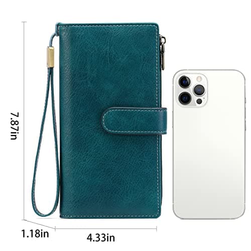 GOIACII Ladies Large Purse Soft Leather Women's Wallet, 2 Zipper Coin Phone Pockets, Detachable Wrist Strap, 5 ID Windows, RFID Blocking Travel Credit Card Holder, Teal — view 5