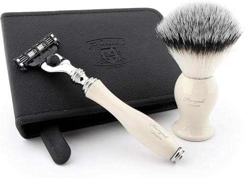 Travel Shaving Set with Synthetic Hair Brush & Triple Edge Cartridge Compatible Razor in a Faux Leather Travel Case Ivory/Off-White Handles by Haryali London