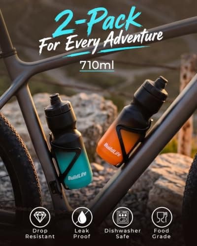 BuildLife 2 Pack Sports Water Bottle, 710ML Squeeze Water Bottle, Biking Water Bottles, BPA Free & Leakproof Cycling Bottles for Hiking, Outdoor Sports Dishwasher Safe (BlackBlue+BlackOrange) — view 2