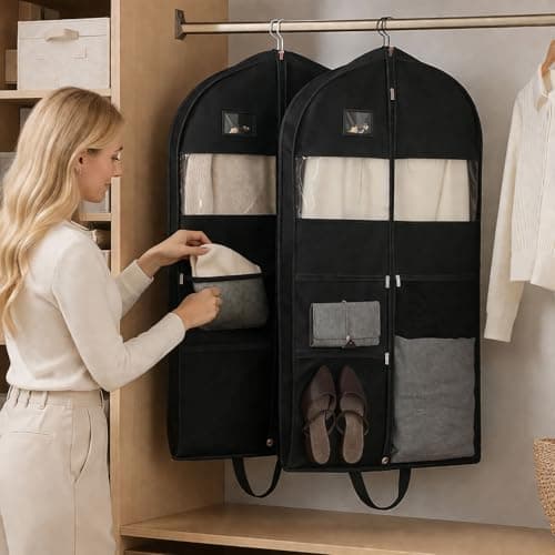 Suit Bag, URMI Heavy Duty 110 x 60 x 10 cm Dance Costume Bag Clothes Storage Protector Cover for Travel 10cm Gusseted Suit Carriers with 3 Pockets Hanging Garment Bag for Suits, Dress 2 Pack, Black — view 2