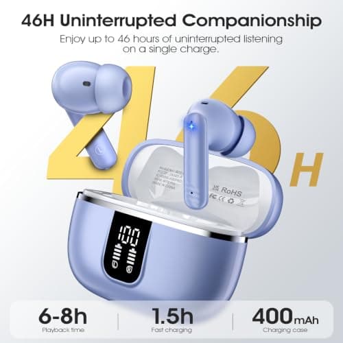 Wireless Earbuds, Bluetooth 5.4 Headphones with 4 Noise Cancelling Mic, 46H In-Ear Buds with 3D Bass Stereo Sound, Small Ears, LED Display, Calls Sports Workout, IPX7 Earphones for Android iOS. Blue — view 6