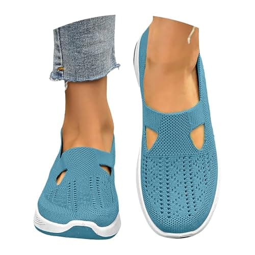 Women’s Classic Loafer Flat Breathable Non-Slip Lightweight Anti-Slip Sneakers Athletic Outdoor Sport Round Toe Knit Mary Jane Shoes Arch Support Stretch Ladies Wide Fitting Flat Trainers Sky Blue — view 6