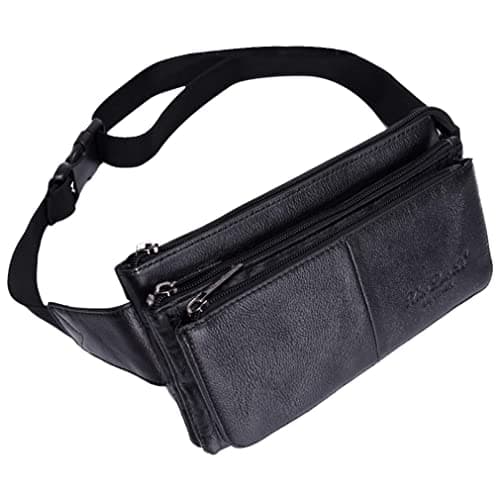 Leather Fanny Pack Waist Bag for Men Women Outdoor Travel Hunting Hiking Camping Hip Bum Belt Cell Phone Purse Wallet Pouch Black