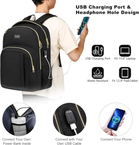 Men's School Backpack for 15.6 Inch Laptop Backpack Work Waterproof Business Daypacks Boys Teenagers with USB Charging Port, black gold, 15,6 zoll, Modern — view 4