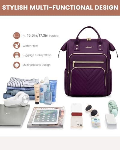 LOVEVOOK Laptop Backpack Womens, 15.6 inch Laptop Rucksack Bag for Women, Large Ladies Backpacks Waterproof School Bags with USB Port, Fashion Daypacks for Uni College Work Travel, Purple — view 3