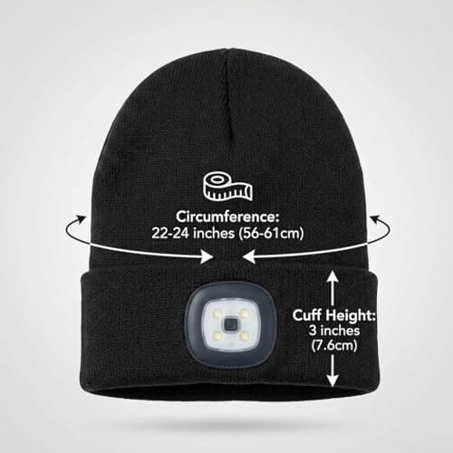 Komonee LED Beanie Hat Black Headlamp Plain Soft Comfortable USB Rechargeable Head Light for Men Women Warm Knitted Winter Woolly Night Running Dog Walker Headwear — view 3