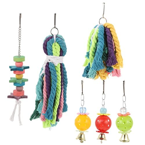Happyyami Parrot Foraging Toys 6pcs Cotton Rope Wood Hanging Set