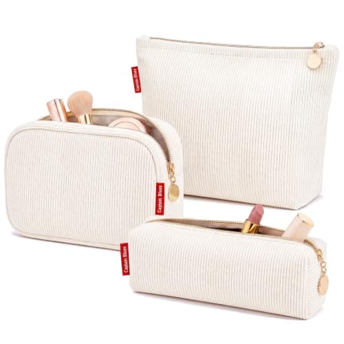Captain Blues Makeup Bag 3 Piece Set, Corduroy Small Makeup Bag with Compartments, Cosmetic Bag Pouch, Toiletry Bag and Travel Make Up Bag for Handbag (Cream White)